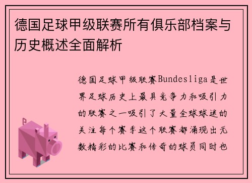 德国足球甲级联赛所有俱乐部档案与历史概述全面解析
